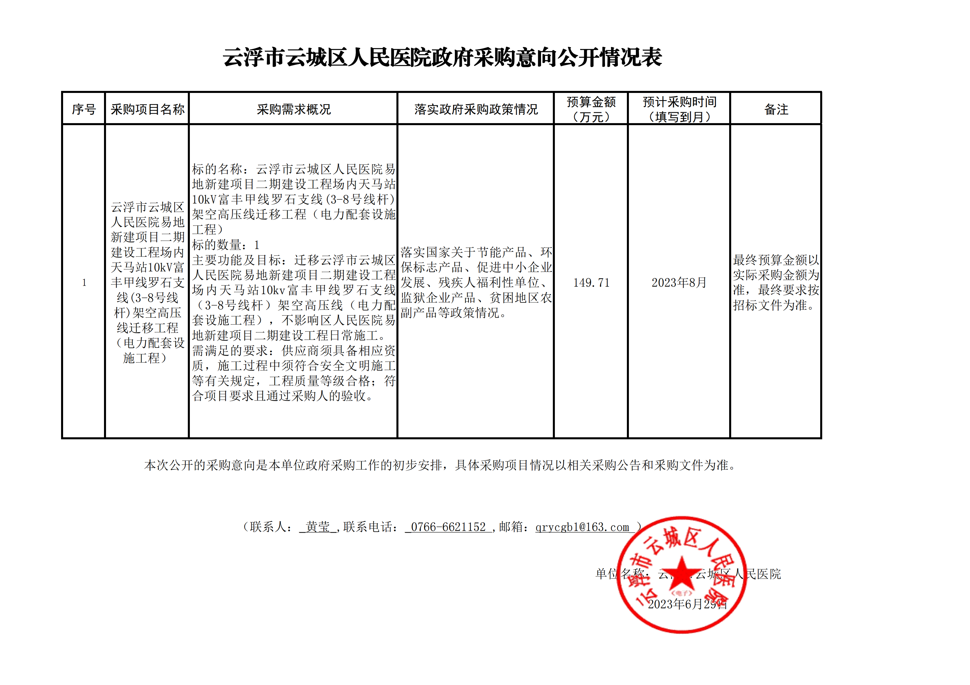 云浮市云城区人民医院易地新建项目二期建设工程场内天马站10kV富丰甲线罗石支线(3-8号线杆)架空高压线迁移工程（电力配套设施工程）政府采购意向公开情况表_00.png