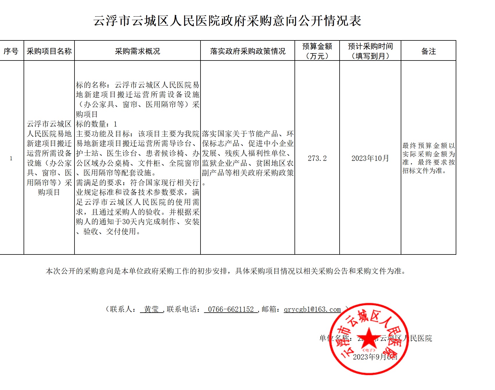 云浮市云城区人民医院易地新建项目搬迁运营所需设备设施（办公家具、窗帘、医用隔帘等）采购项目政府采购意向公开情况表.jpg